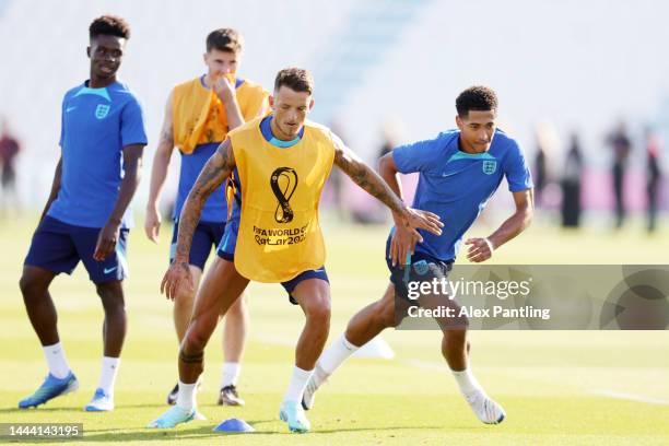 Jude Bellingham and Ben White of England train during the England Training Session at Al Wakrah SC Stadium on November 24, 2022 in Doha, Qatar.