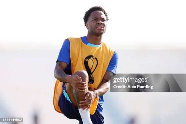 Raheem Sterling of England stretches during the England Training Session at Al Wakrah SC Stadium on November 24, 2022 in Doha, Qatar.