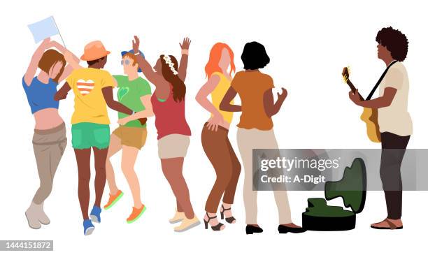 stockillustraties, clipart, cartoons en iconen met dancing young fun group with street musician - roze zaterdag