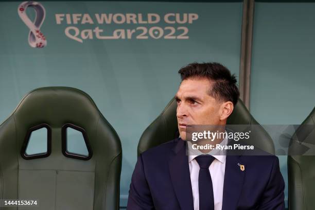Diego Alonso, Head Coach of Uruguay looks on from the dugout prior to the FIFA World Cup Qatar 2022 Group H match between Uruguay and Korea Republic...