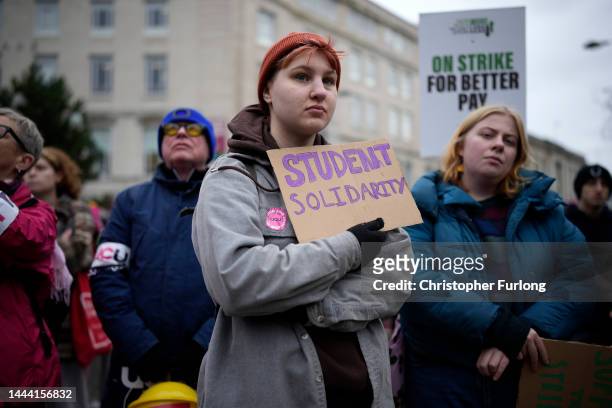 University of Liverpool staff and supporting students take part in a rally as strike action hits universities on November 24, 2022 in Liverpool,...