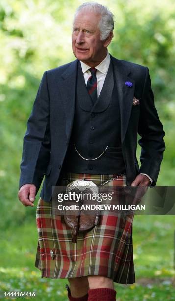 Britain's King Charles III, wearing a kilt, visits Kinneil House in Edinburgh, Scotland on July 3 marking the first Holyrood Week since his...