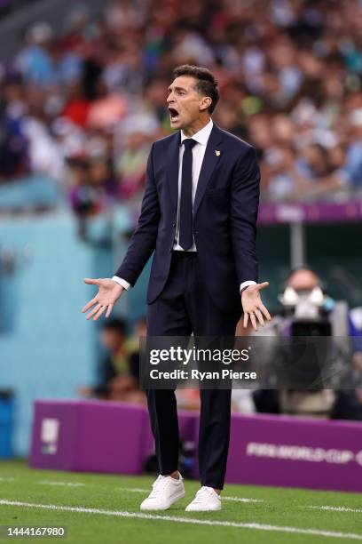 Diego Alonso, Head Coach of Uruguay reacts during the FIFA World Cup Qatar 2022 Group H match between Uruguay and Korea Republic at Education City...