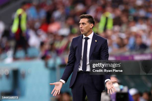 Diego Alonso, Head Coach of Uruguay, reacts during the FIFA World Cup Qatar 2022 Group H match between Uruguay and Korea Republic at Education City...