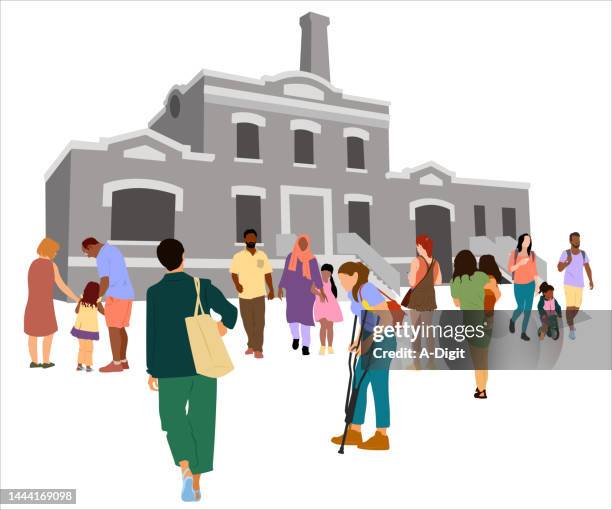 teacher's first day back to school green - public school building stock illustrations