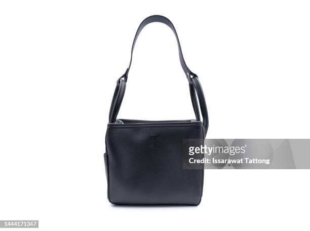 black leather purse handmade bag isolated on white background. black fashion purse handbag - brown purse stockfoto's en -beelden