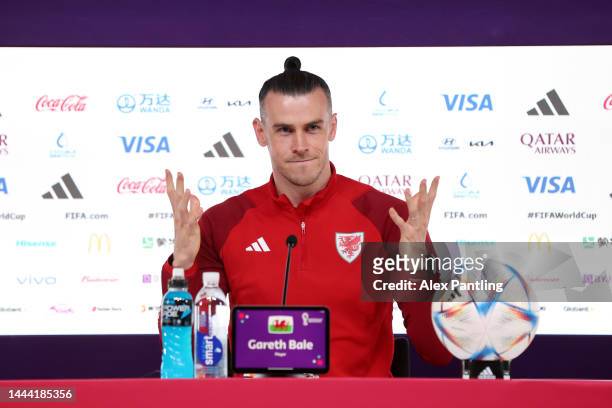 Gareth Bale of Wales reacts during the Wales Press Conference at the Main Media Center on November 24, 2022 in Doha, Qatar.
