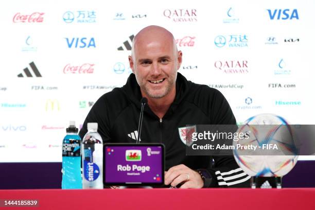 Rob Page, Head Coach of Wales, speaks during the Wales Press Conference at the Main Media Center on November 24, 2022 in Doha, Qatar.