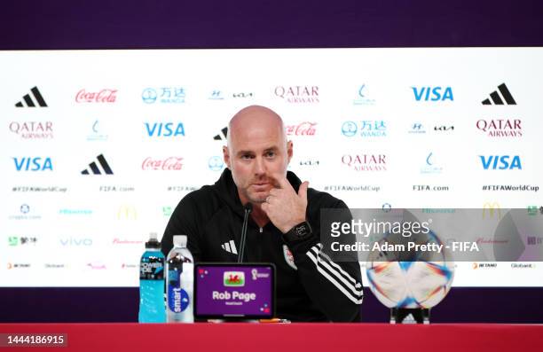 Rob Page, Head Coach of Wales, reacts during the Wales Press Conference at the Main Media Center on November 24, 2022 in Doha, Qatar.