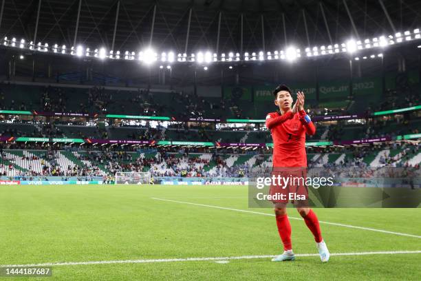 Heungmin Son of Korea Republic applauds fans after the FIFA World Cup Qatar 2022 Group H match between Uruguay and Korea Republic at Education City...