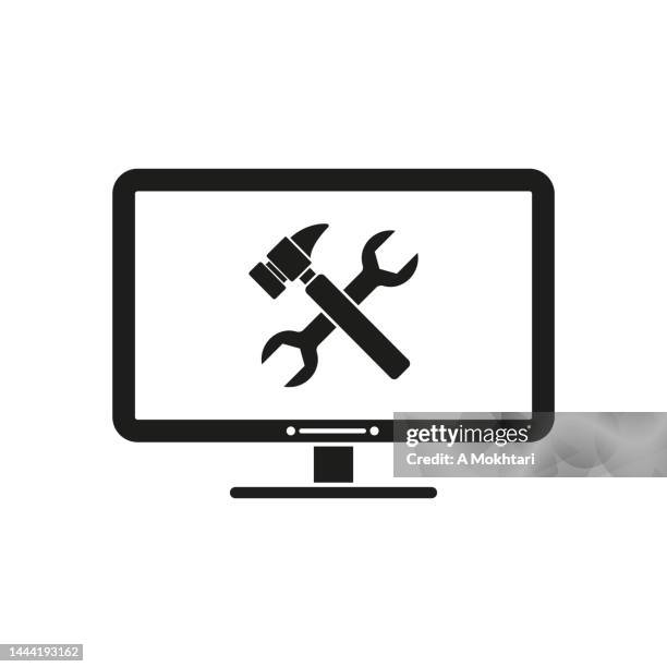 computer monitor with wrench and hammer on white background. - internet not working stock illustrations