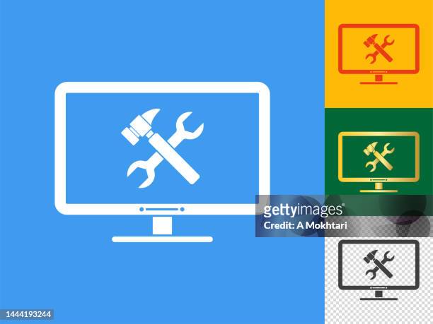 computer screen with wrench and hammer icon set. - out of service stock illustrations