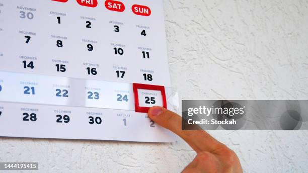 A beautiful December page of the wall calendar 2022 and a man moves a red cursor to the December 25th date beautiful page wall calendar man moves