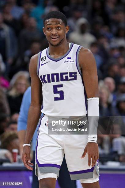 De'Aaron Fox of the Sacramento Kings during the game against the Memphis Grizzlies at FedExForum on November 22, 2022 in Memphis, Tennessee. NOTE TO...
