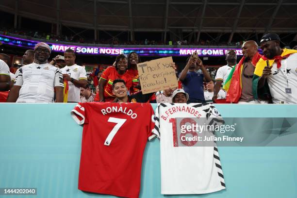 Club shirts of Cristiano Ronaldo and Bruno Fernandes of Portugal are hung prior to the FIFA World Cup Qatar 2022 Group H match between Portugal and...