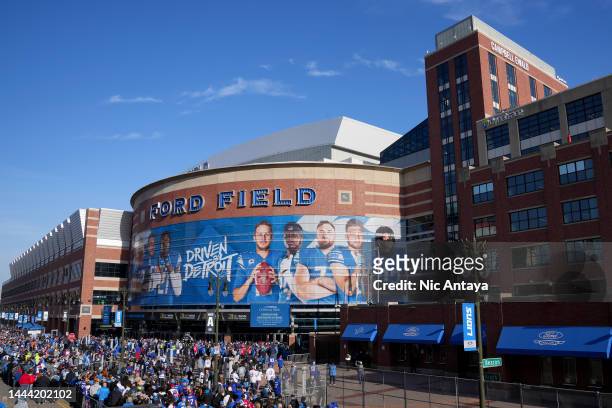Fans enter the stadium prior to a game between the Buffalo Bills and Detroit Lions at Ford Field on November 24, 2022 in Detroit, Michigan.