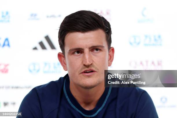 Harry Maguire of England speaks during the England Press Conference at the Main Media Center on November 24, 2022 in Doha, Qatar.