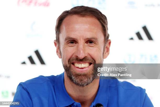 Gareth Southgate, Head Coach of England, reacts during the England Press Conference at the Main Media Center on November 24, 2022 in Doha, Qatar.