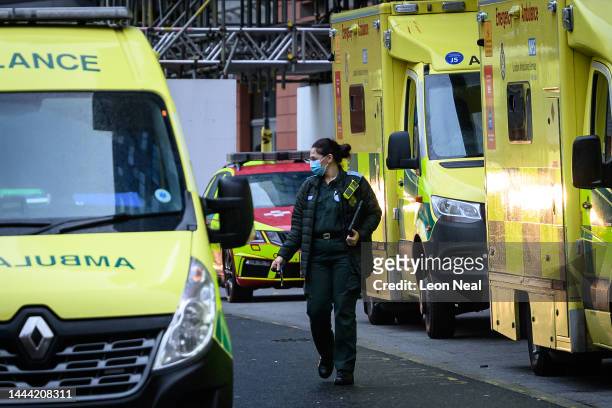 Queue of ambulances are seen outside the Royal London Hospital emergency department on November 24, 2022 in London, England. Over the past week,...