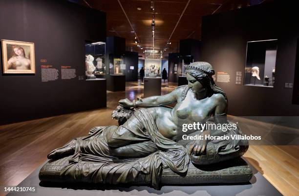 Cleopatra's statue with Asp snake seen on display during a press visit to "Pharaohs Superstars" in Gulbenkian Foundation on November 24 in Lisbon,...