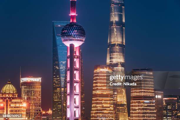 shanghai, oriental pearl tower and pudong skyscrapers at night - oriental pearl tower stock pictures, royalty-free photos & images