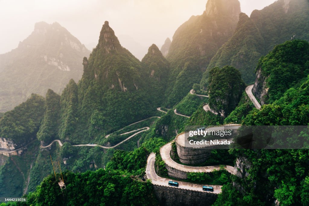 View of winding road of Tianmen mountain national park, Hunan province, China