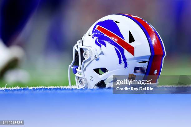 Detailed view of a Buffalo Bills helmet prior to a game against the Detroit Lions at Ford Field on November 24, 2022 in Detroit, Michigan.
