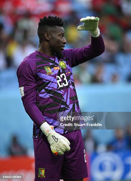 Andre Onana of Cameroon in action during the FIFA World Cup Qatar 2022 Group G match between Switzerland and Cameroon at Al Janoub Stadium on...