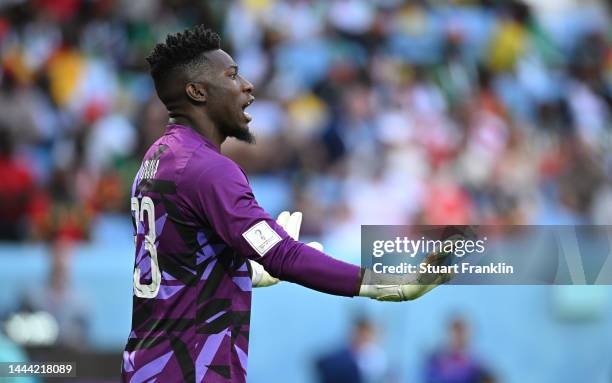 Andre Onana of Cameroon in action during the FIFA World Cup Qatar 2022 Group G match between Switzerland and Cameroon at Al Janoub Stadium on...