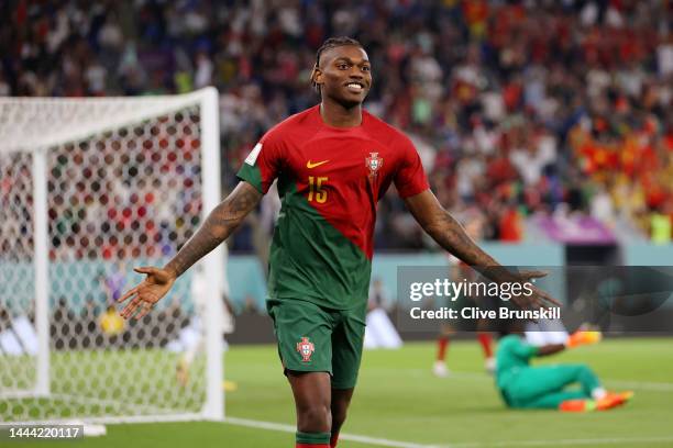 Rafael Leao of Portugal celebrates after scoring their team's third goal during the FIFA World Cup Qatar 2022 Group H match between Portugal and...