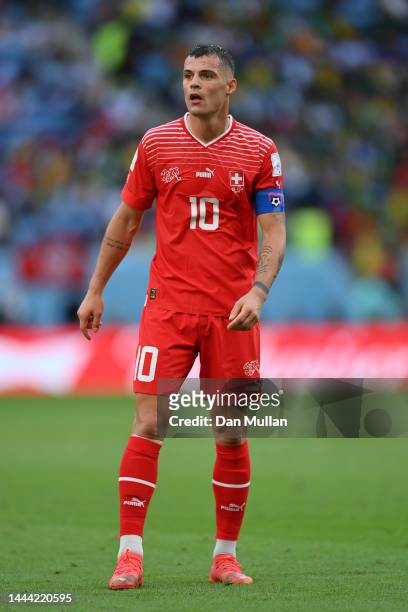 Granit Xhaka of Switzerland looks on during the FIFA World Cup Qatar 2022 Group G match between Switzerland and Cameroon at Al Janoub Stadium on...