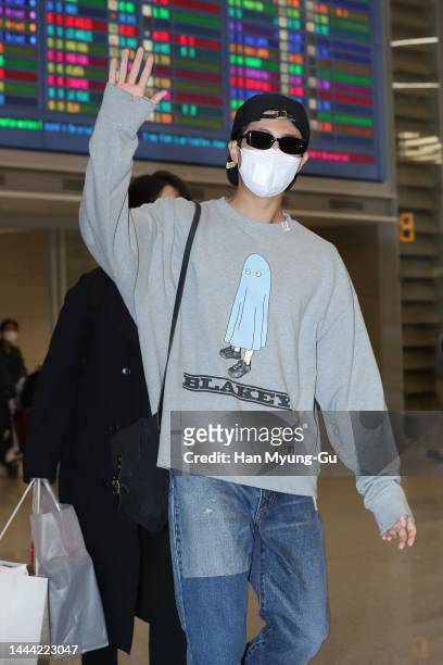 Of BTS is seen upon arrival at Incheon International Airport on November 24, 2022 in Incheon, South Korea.