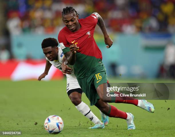 Rafael Leao of Portugal battles for possession with Tariq Lamptey of Ghana during the FIFA World Cup Qatar 2022 Group H match between Portugal and...