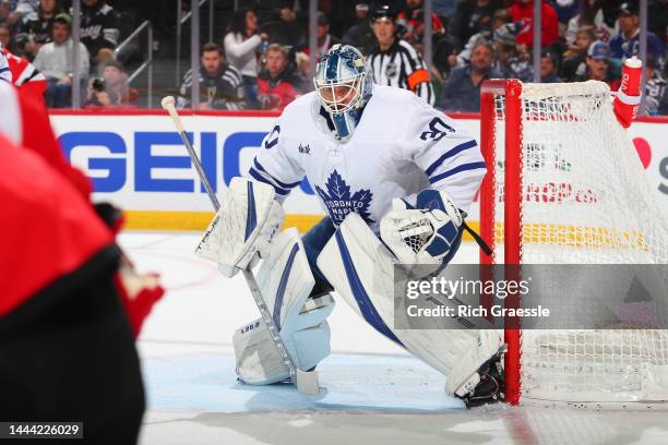 Matt Murray of the Toronto Maple Leafs defends his net against the New Jersey Devils on November 23, 2022 at the Prudential Center in Newark, New...