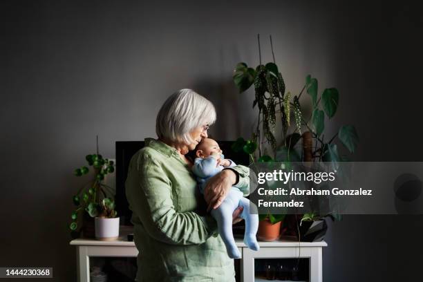 grandmother holding a newborn in the arms at home - grootmoeder stockfoto's en -beelden