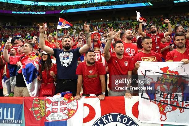 Serbia fans show their support prior to the FIFA World Cup Qatar 2022 Group G match between Brazil and Serbia at Lusail Stadium on November 24, 2022...