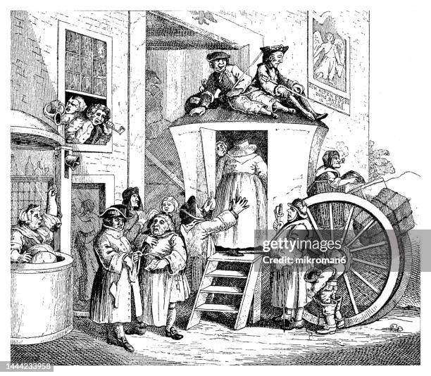 old engraved illustration of country carriage from the early 18th century - livery stock pictures, royalty-free photos & images