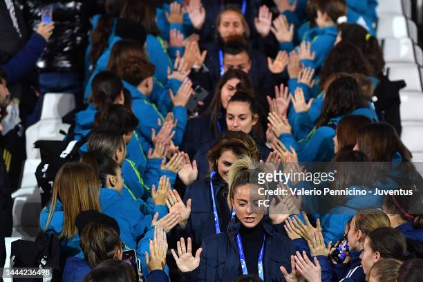 Juventus Women's players arrive at the stadium and greet the fans prior to the UEFA Women's Champions League group C match between Juventus and...