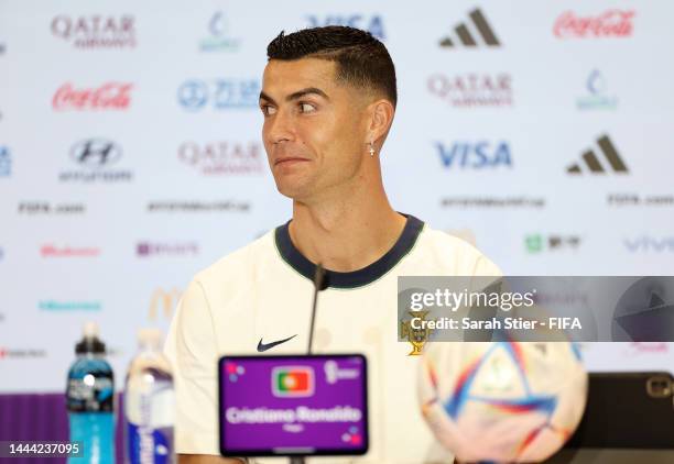 Cristiano Ronaldo of Portugal attends the post match press conference after the FIFA World Cup Qatar 2022 Group H match between Portugal and Ghana at...