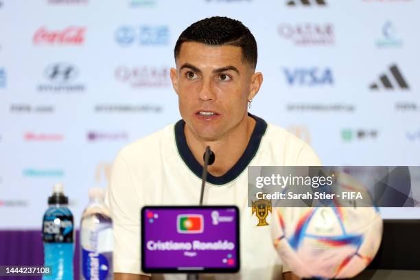 Cristiano Ronaldo of Portugal attends the post match press conference after the FIFA World Cup Qatar 2022 Group H match between Portugal and Ghana at...