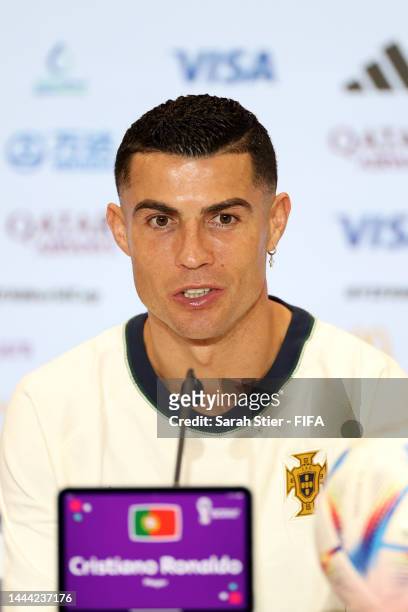 Cristiano Ronaldo of Portugal attends the post match press conference after the FIFA World Cup Qatar 2022 Group H match between Portugal and Ghana at...