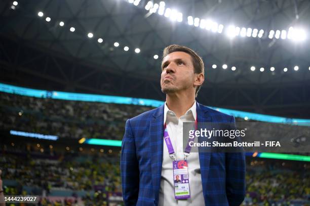 Former Brazilian player Juninho Paulista looks on prior to the FIFA World Cup Qatar 2022 Group G match between Brazil and Serbia at Lusail Stadium on...
