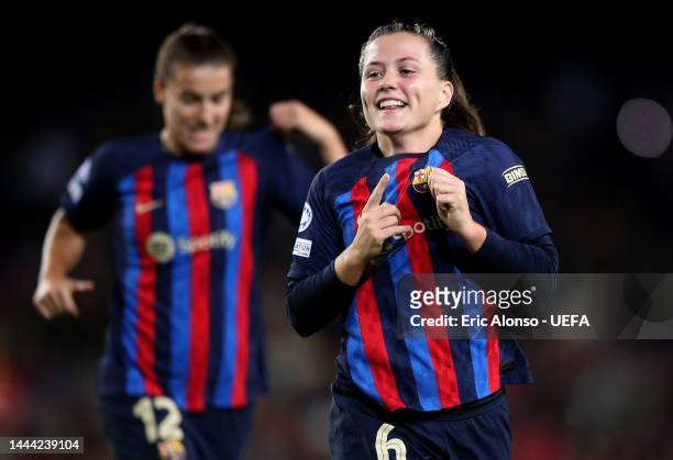 Clàudia Pina of FC Barcelona celebrates after scoring a goal during the UEFA Women's Champions League group D match between FC Barcelona and FC...