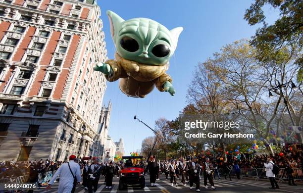 The Grogu balloon floats along Central Park West during the Macy's Thanksgiving Day Parade on November 24 in New York City.