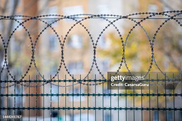 protective barb wire - prison escape stock pictures, royalty-free photos & images