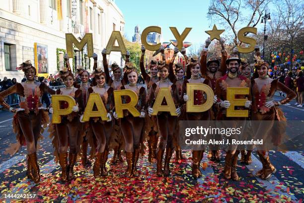 Dancers pose for a photo at the start of the 96th-annual Macys Thanksgiving Day Parade on November 24, 2022 in New York City. The annual Macy’s...