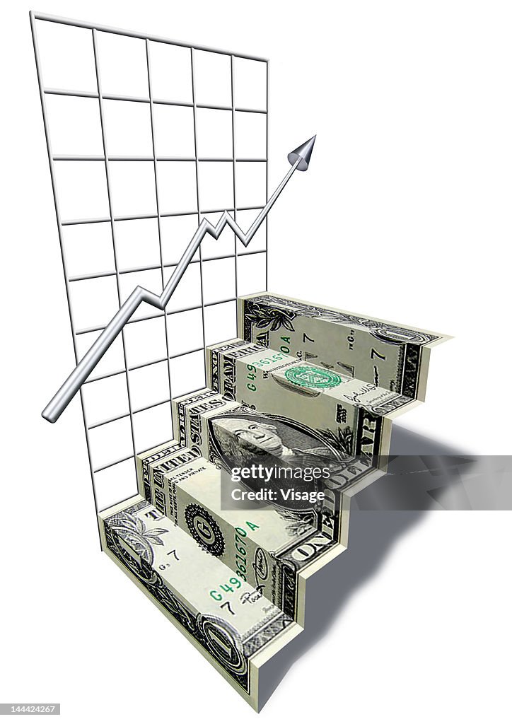 A one dollar bill forming a step beside a graph, Digital Composition