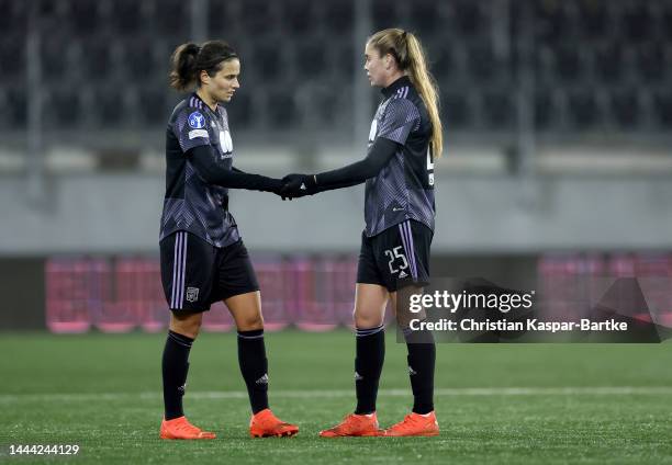 Dzsenifer Marozsán and Ines Benyahia of Olympique Lyonnais reacts after the UEFA Women's Champions League group C match between FC Zürich and...