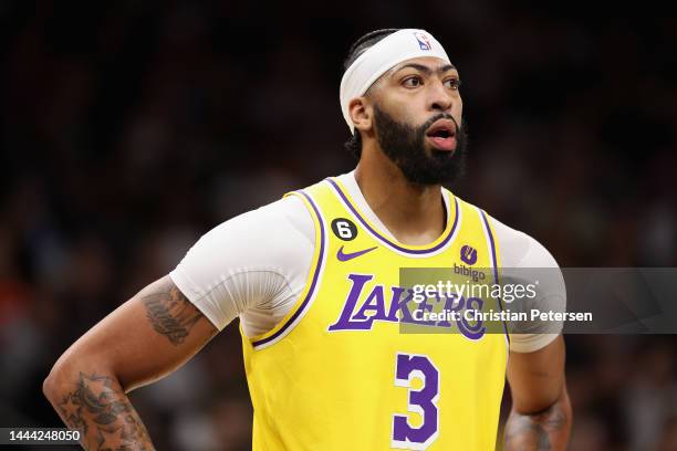 Anthony Davis of the Los Angeles Lakers during the first half of the NBA game at Footprint Center on November 22, 2022 in Phoenix, Arizona. NOTE TO...