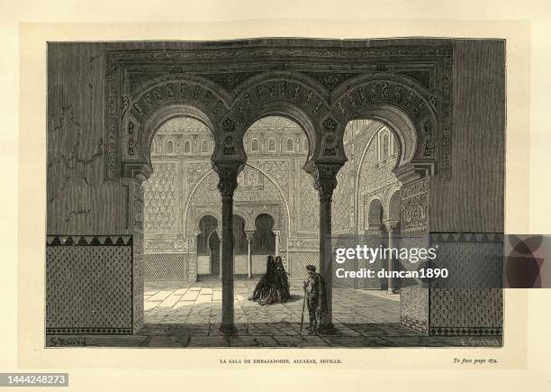 la sala de embajadores, alcazar, seville, spain, 19th century, spanish history architecture historic landmarks - gustave dore stock illustrations